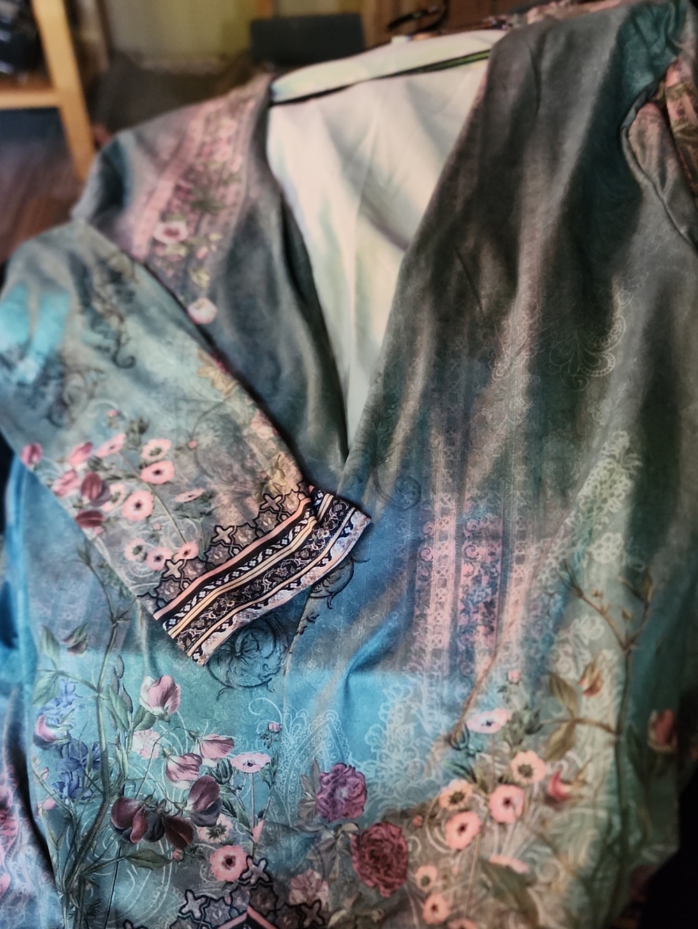 Floral Teal Embroidered Duster Jacket